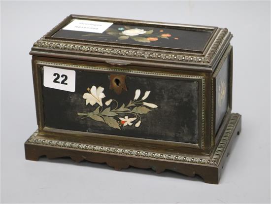 A 19th century brass and pietra dura rectangular scent casket, the interior containing three glass bottles with length 19cm